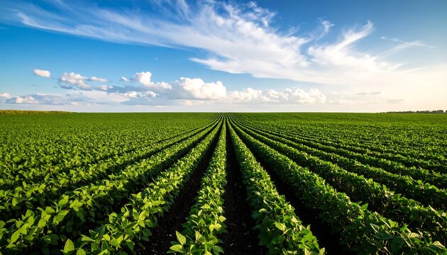 Wide shot of a soybean field under a vibrant sky