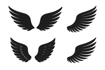 Wings vector set silhouette. Angel bird eagle wings icon. Freedom flight logo concept. Black feather tattoo design element. Heraldry emblem badge insignia. Holy heaven symbol.