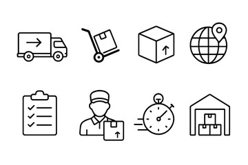 Delivery and logistics icon set. Shipping service vector icons. Fast truck, courier, worldwide shipping, warehouse, package tracking. Supply chain management symbols. Editable stroke.