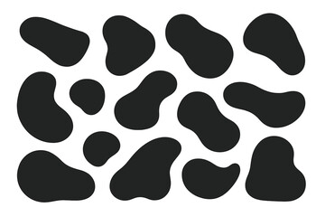 Abstract vector blob shapes set. Modern minimal organic liquid forms. Irregular random amorphous spots for graphic design. Simple black ink stain elements on white background.