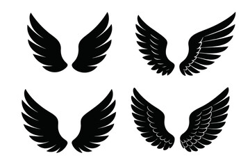 Black wings silhouette vector set. Angel wing icon collection for logo, emblem or tattoo design. Heraldic eagle or bird symbol. Freedom, flight, heaven sign element.