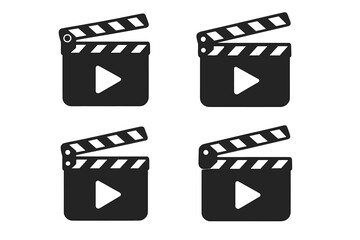Film Clapperboard Icon Set with Play Button, Movie Production Slate Symbols, Video Player Signs, Black Flat Style, Isolated Vector, Modern Media Illustration, Transparent Background