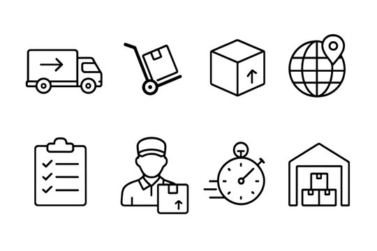 Delivery and logistics icon set. Shipping service vector icons. Fast truck, courier, worldwide shipping, warehouse, package tracking. Supply chain management symbols. Editable stroke.