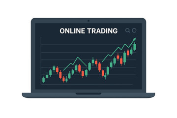 Online trading with candlestick chart on laptop. Stock market investment and financial strategy. Forex and crypto currency data analysis for profit and business growth.