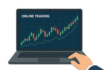 Online trading on laptop screen. Investment in stock market concept. Financial business strategy with candlestick graph chart. Forex currency and crypto analysis.