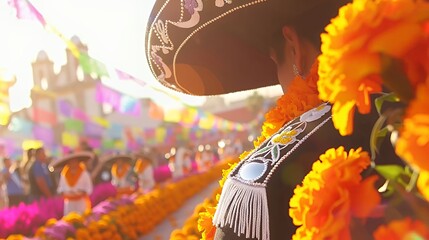An embroidered charro jacket with silver buttons, bathed in golden sunset light, with marigold flowers softly blurred in the background.