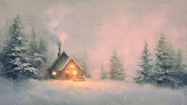 A cozy winter postcard, warm glowing lights, a small wooden house covered in snow, smoke from the chimney, fir trees with soft snow, vintage postcard style, muted pastel colors, soft watercolor textur