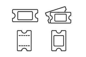 Ticket icon set with 4 thin linear symbols, collection of template tickets and coupons for website, mobile app, event entry, admission, and discount voucher vector illustrations