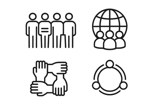 Diversity and inclusion icon set. Icons for equality, global unity, and partnership. Teamwork, community, and collaboration symbols. Vector line art illustration for business.