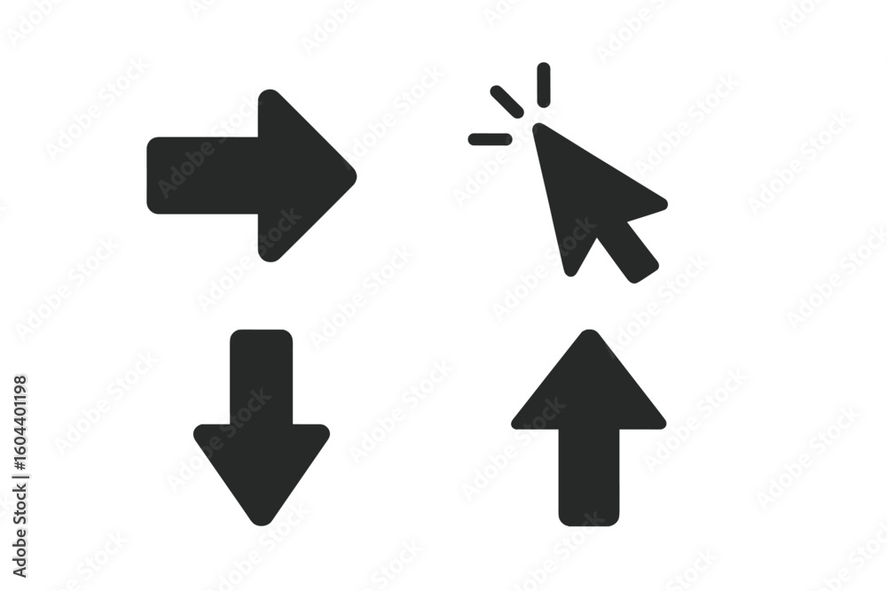 Poster Arrow icon set. Black filled glyph collection for web design and apps. Directional signs for navigation: up, down, right. Computer mouse cursor with click effect. Vector pointer.