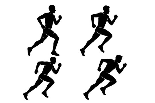 Set of 4 dynamic running man silhouettes. Vector illustration of a runner in various action poses. For fitness, sport, marathon, exercise, and athletic designs. Athlete icon.