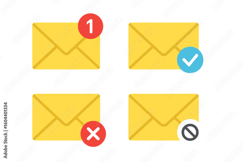 Poster email icon set for web and mobile apps. mail envelope with new message notification, sent check mark