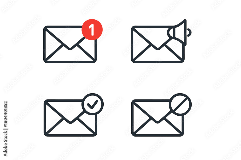 Poster email icons set. mail envelope with new message notification, marketing megaphone, sent checkmark, a