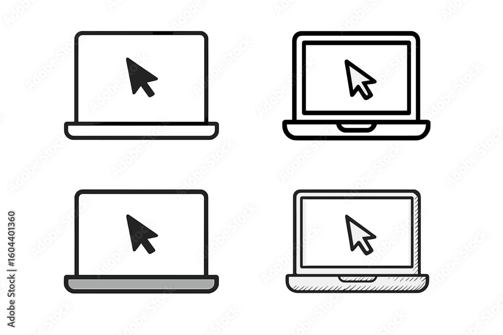Fototapete laptop vector icon set in 4 different styles with pointer cursor on the screen. notebook computer mo