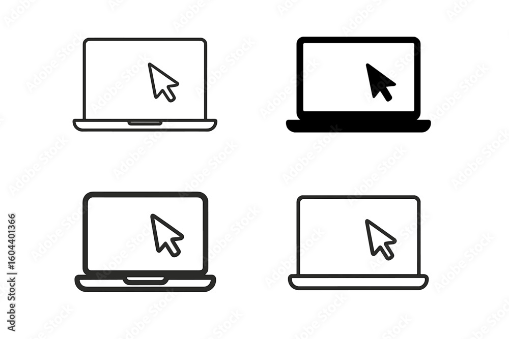 Fototapete Laptop vector icon set with cursor pointer on screen. Collection of computer and notebook symbols in outline and solid glyph styles. Click or select concept for web design.