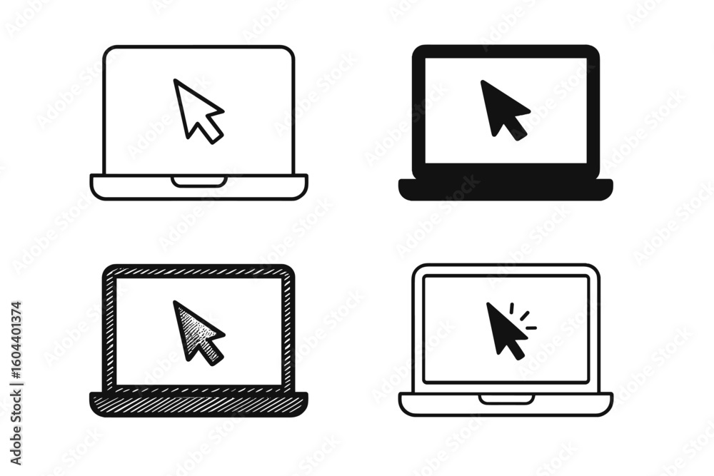 Poster Laptop and Cursor Icon Collection — 4 Modern Laptop Vector Icons with Computer Mouse Cursor, Click Pointer Symbol, Notebook Display, Device Interface Elements for Tech Design Projects