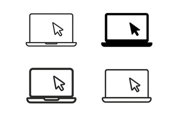 Laptop vector icon set with cursor pointer on screen. Collection of computer and notebook symbols in outline and solid glyph styles. Click or select concept for web design.
