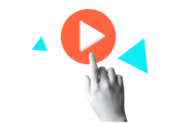 Black and white hand pressing a play button. Modern collage style. Illustration on transparent background