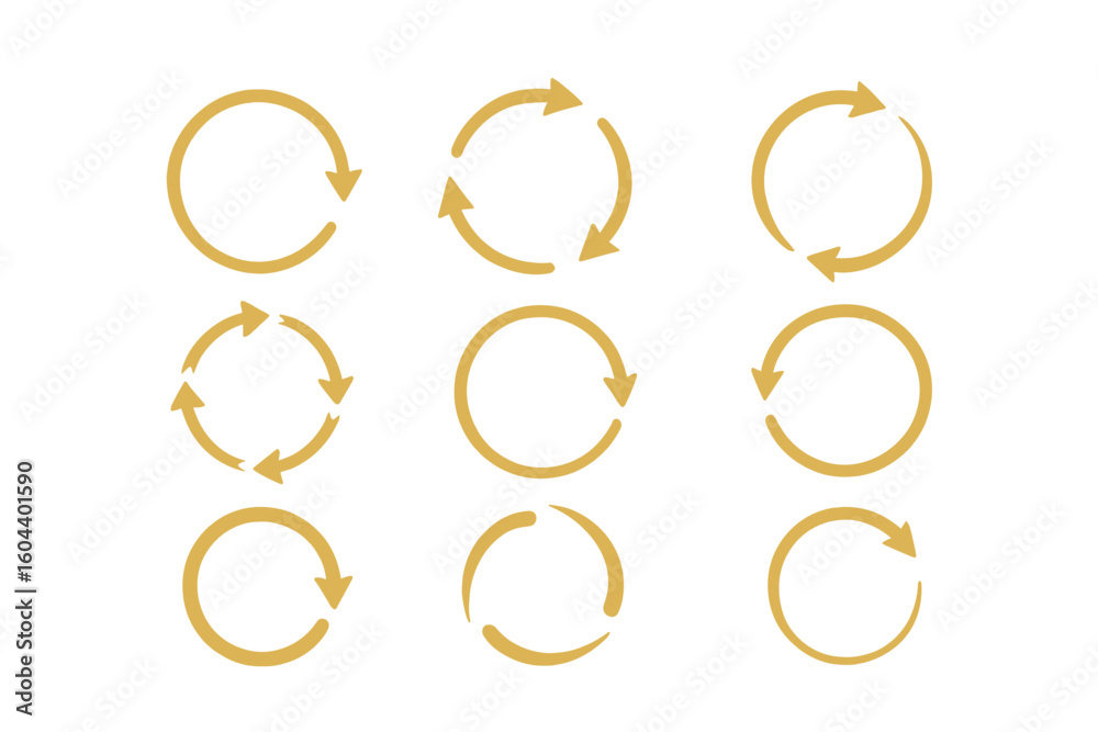 Poster golden circle arrows vector icon set. collection of circular arrow symbols for refresh, reload, rota