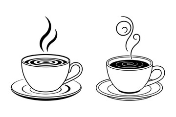 Hot Coffee Cup Icons. Minimalist Black and White Coffee and Tea Cup Illustrations with Steam for Café, Beverage, and Restaurant Design