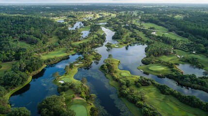Aerial view of a lush golf course with water hazards, green fairways, and surrounding dense forest under a clear sky.