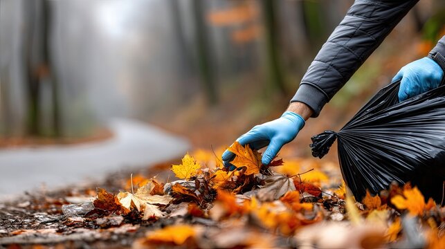 Hand placing a yellow leaf in a black garbage bag during autumn cleanup in a serene park setting amidst the changing season