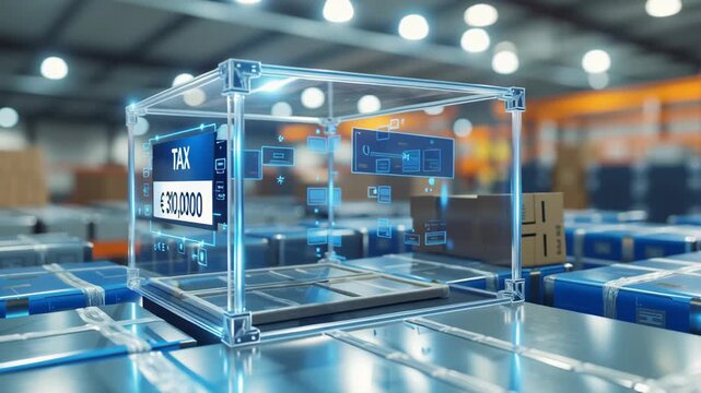 Export tariff concept ,Transparent container showcases tax value of &euro;310,000 warehouse filled with packages and storage solutions