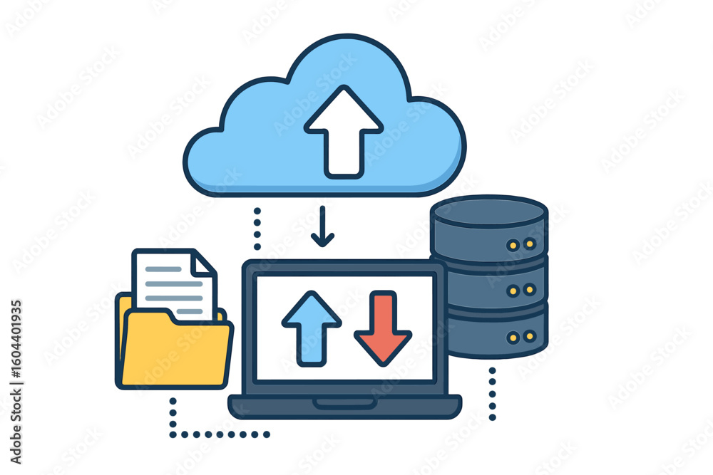 Poster cloud computing service, data transfer and storage concept. upload, download, and sync files. databa