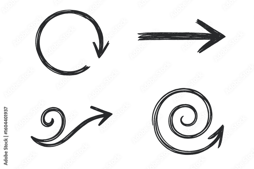 Poster hand drawn arrow icon set. sketchy doodle style vector elements for web design and navigation. circl