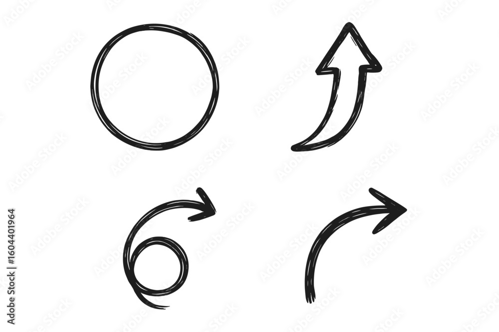 Poster hand drawn arrow icon set. sketchy doodle collection of vector pointers, circles and swirls. curved 