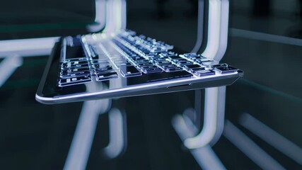 Sleek glass keyboard rotating in dark cyberspace, illuminated by vibrant neon lights, representing cutting edge digital design and futuristic technological vision - Powered by Adobe