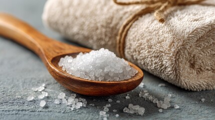 Epsom salt. Wooden spoon with salt beside a soft towel on a textured surface.