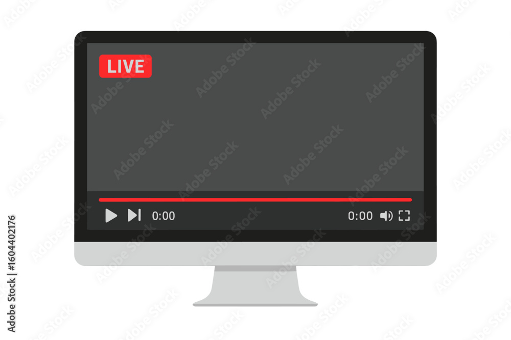 Poster live stream on a computer monitor. video player interface for web broadcasting. online streaming con
