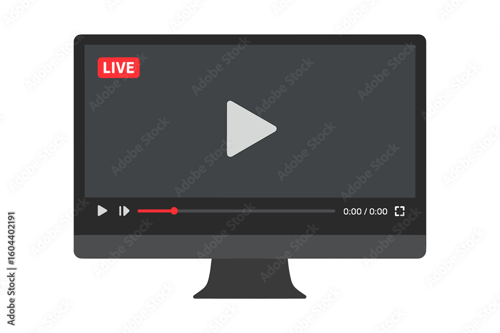 Poster live video streaming player interface on a computer monitor. concept for online broadcast, web confe