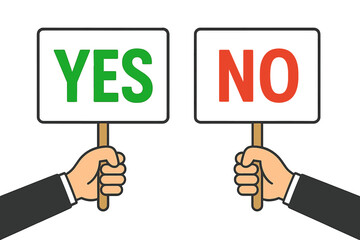 Hands holding Yes and No banner. Choice, dilemma, decision making concept. Positive and negative answer. Voting poll or survey. Approve or disapprove. Business feedback metaphor.
