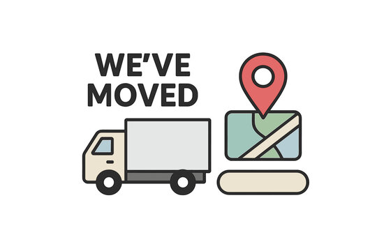 We've moved announcement with moving truck and map pin. Business relocation concept, change of address notice. GPS location pointer for new office or home. Geotag vector.
