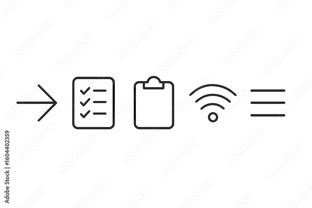 Poster interface icon set for ui ux design. thin line vector pictograms. arrow for next or login. checklist