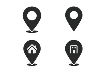 Black map pins vector icons set. Location markers and navigation symbols for web design, apps, and software. GPS destination pointers with home and business building icons.