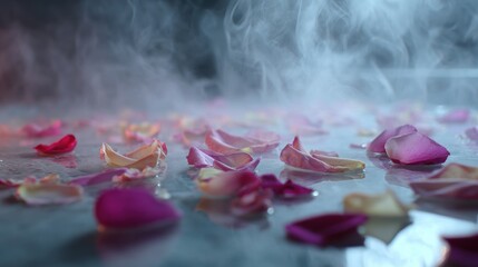 Epsom salt. Petals floating on water with mist, creating a serene and calming atmosphere.