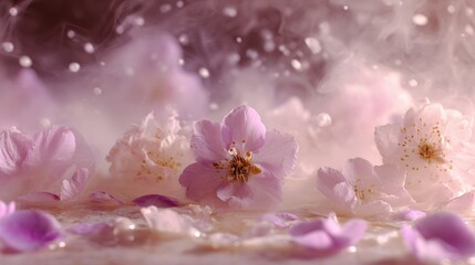 Epsom salt. Delicate pink flowers with petals floating in a dreamy misty background.