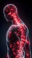 Human body with glowing red pain points on neural pathways illustrating pain or nerve stimulation, set against a dark blue background	