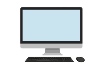 Modern Desktop Computer Monitor with Wireless Keyboard and Mouse, Minimal Workspace, Blank Blue Screen, Digital Office Technology, Isolated on White Background