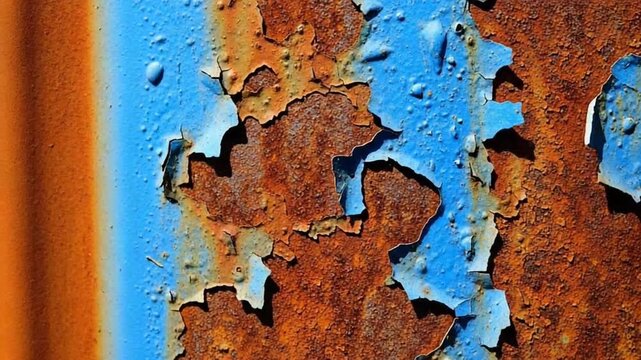 Close-up of rusted metal with peeling blue paint creates a textured abstract pattern.