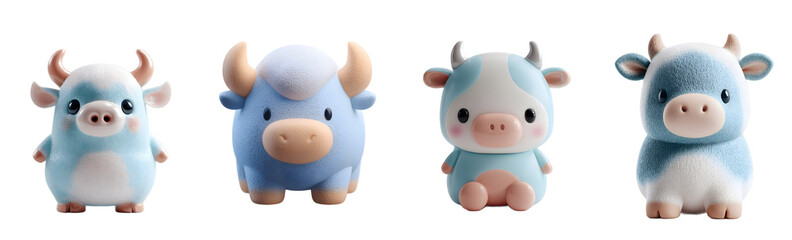 Pack of cute cartoon cow character figurines. Adorable mascot, animal, 3d render, bovine, pastel, kawaii, cheerful, happy, domestic, farm, playful