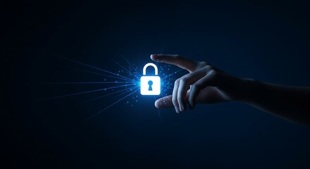 Hand reaching to touch a glowing digital padlock icon representing cyber security and data protection