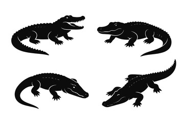 Fototapeta premium Crocodile, Alligator Vector Illustration Set. Black Silhouettes Collection of Different Species in Various Poses and Angles. Reptile icon for zoo, wildlife, nature.