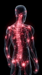 Human body with glowing red pain points on neural pathways illustrating pain or nerve stimulation, set against a dark blue background	
