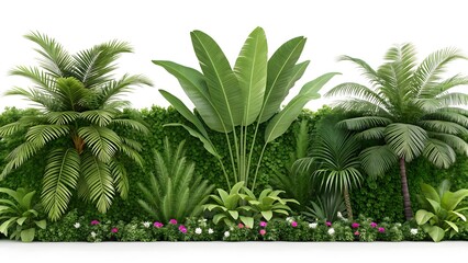 Obraz premium Lush green tropical foliage with vibrant pink and white flowers