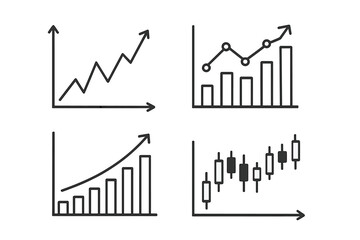 Set of Black Linear Graphs and Charts for Finance Analytics, Market Trends, Economic Forecasting, Business Data Analysis, Trading Performance, Vector Illustration on Transparent Background