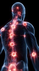 Human body with glowing red pain points on neural pathways illustrating pain or nerve stimulation, set against a blue dark 